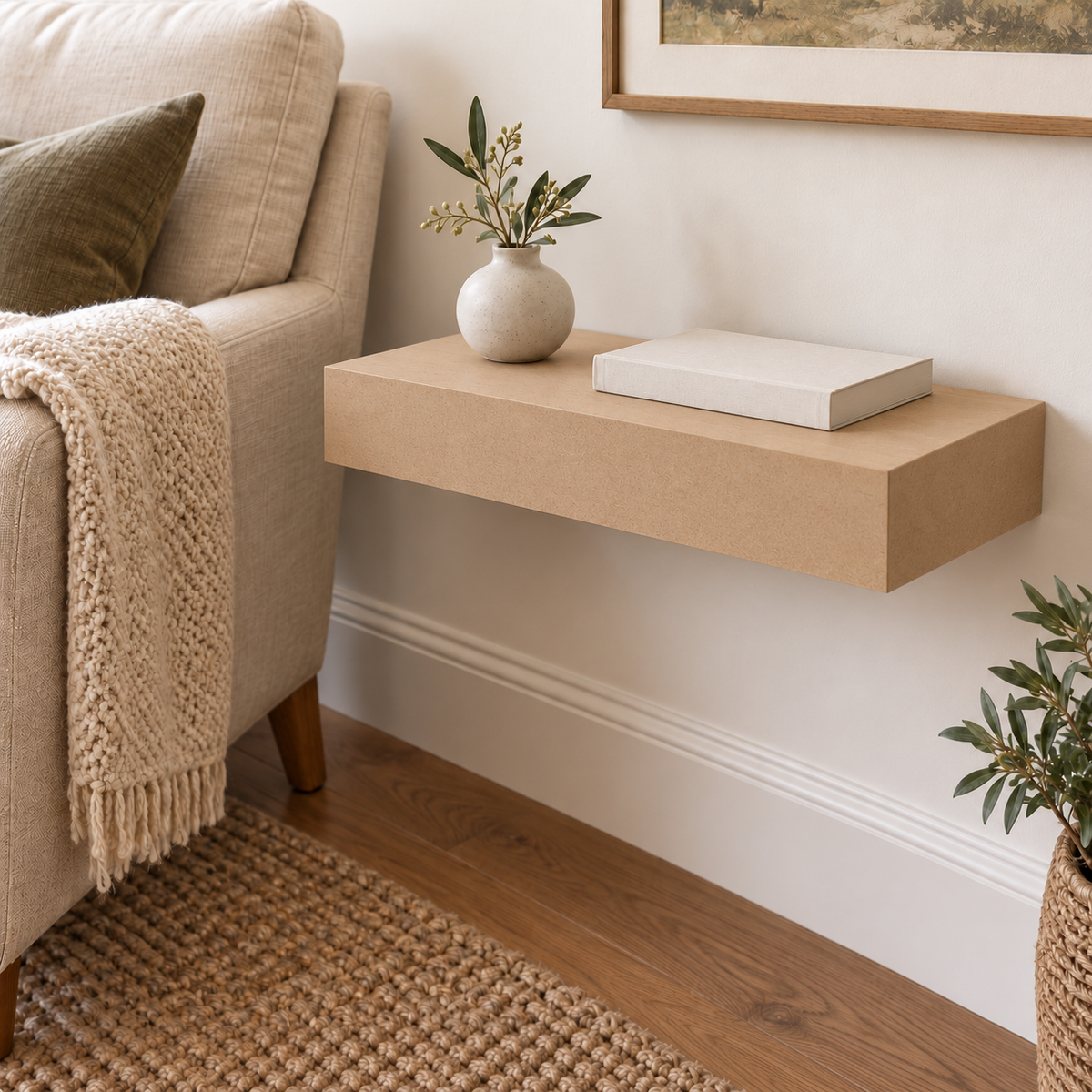 Paint Ready floating shelf in Paint Ready, Standard mount; unlit representative compact-proportion room rendering, not dimension-specific.