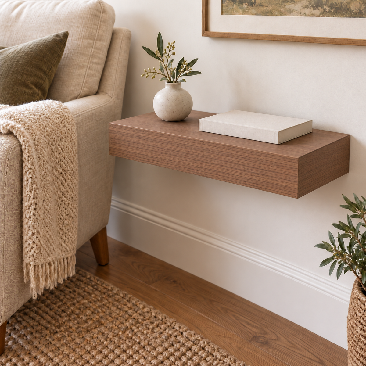 Walnut floating shelf in Unfinished / Stain Ready, Standard mount; unlit representative compact-proportion room rendering, not dimension-specific.