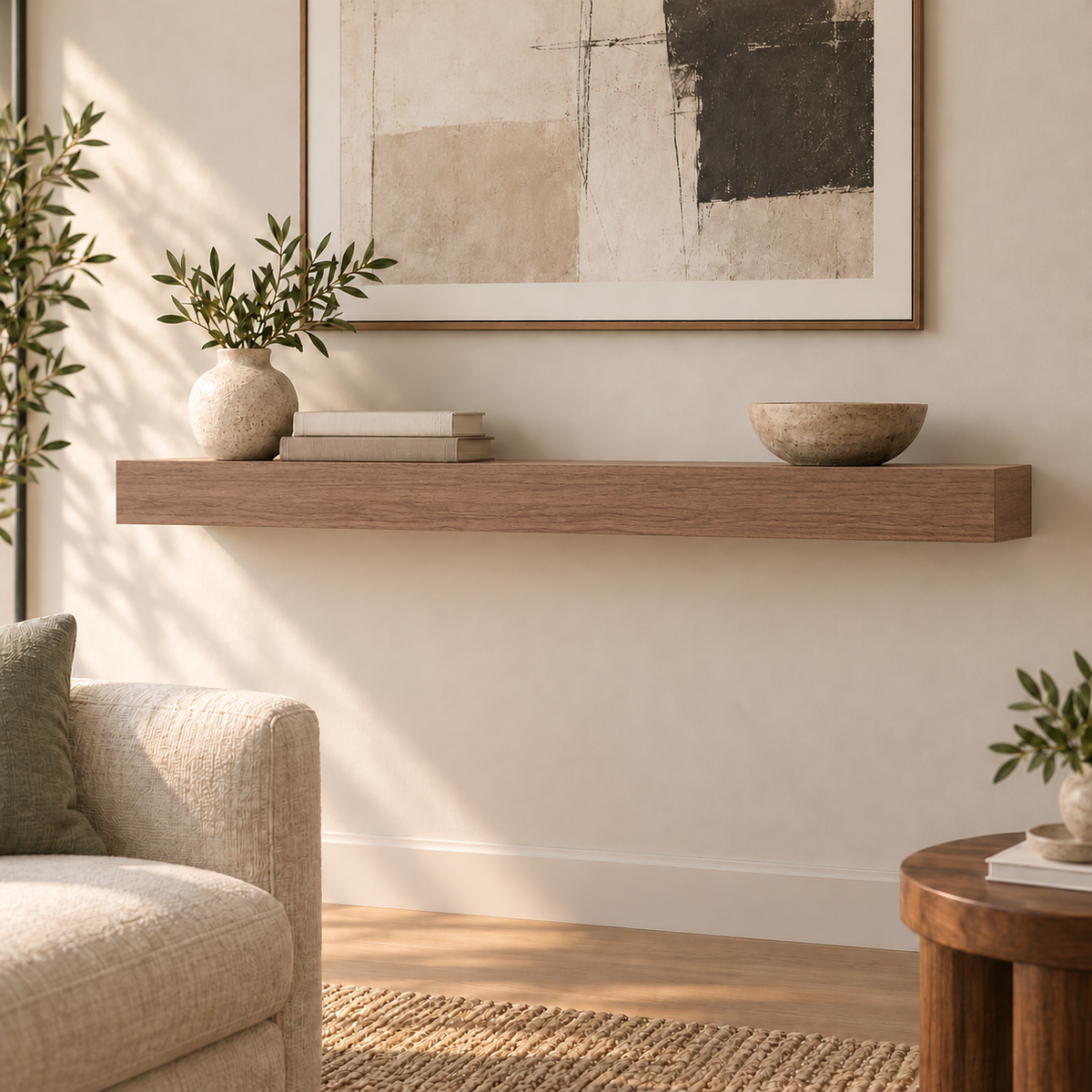 Walnut floating shelf in Unfinished / Stain Ready, Standard mount; unlit representative medium-proportion room rendering, not dimension-specific.
