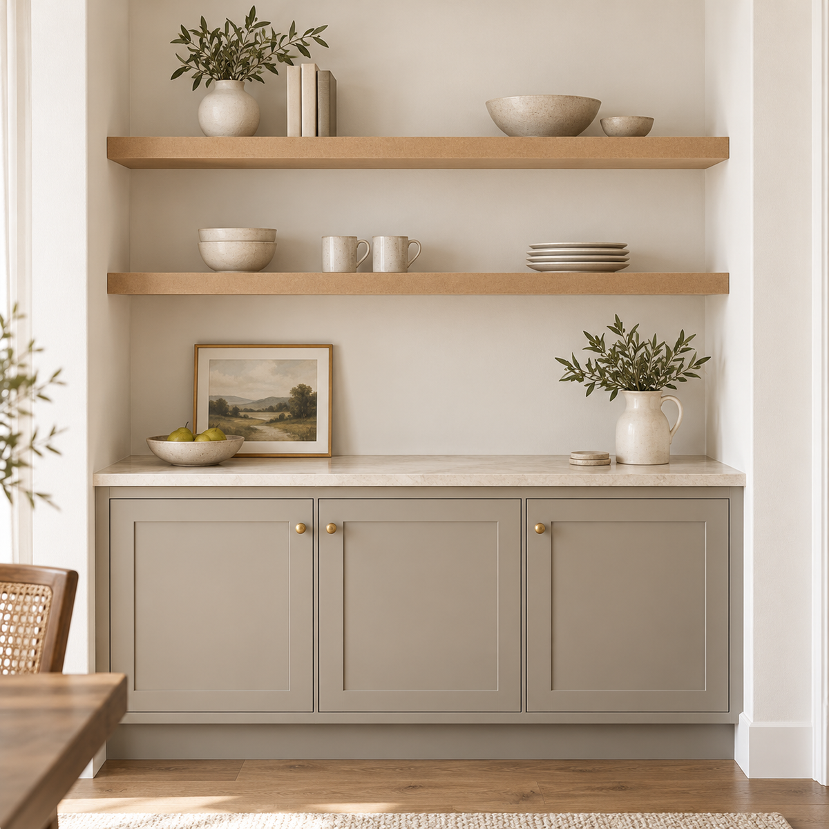 Representative room rendering of unfinished MDF floating shelves fitted between both side walls above a serving cabinet. Shelves sold individually.