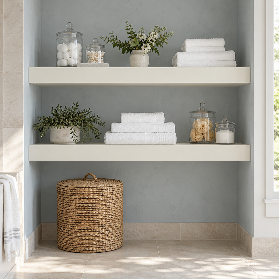 Representative warm-white painted floating shelves fitted between two walls in a bathroom linen niche. Product visualization; shelves sold individually.