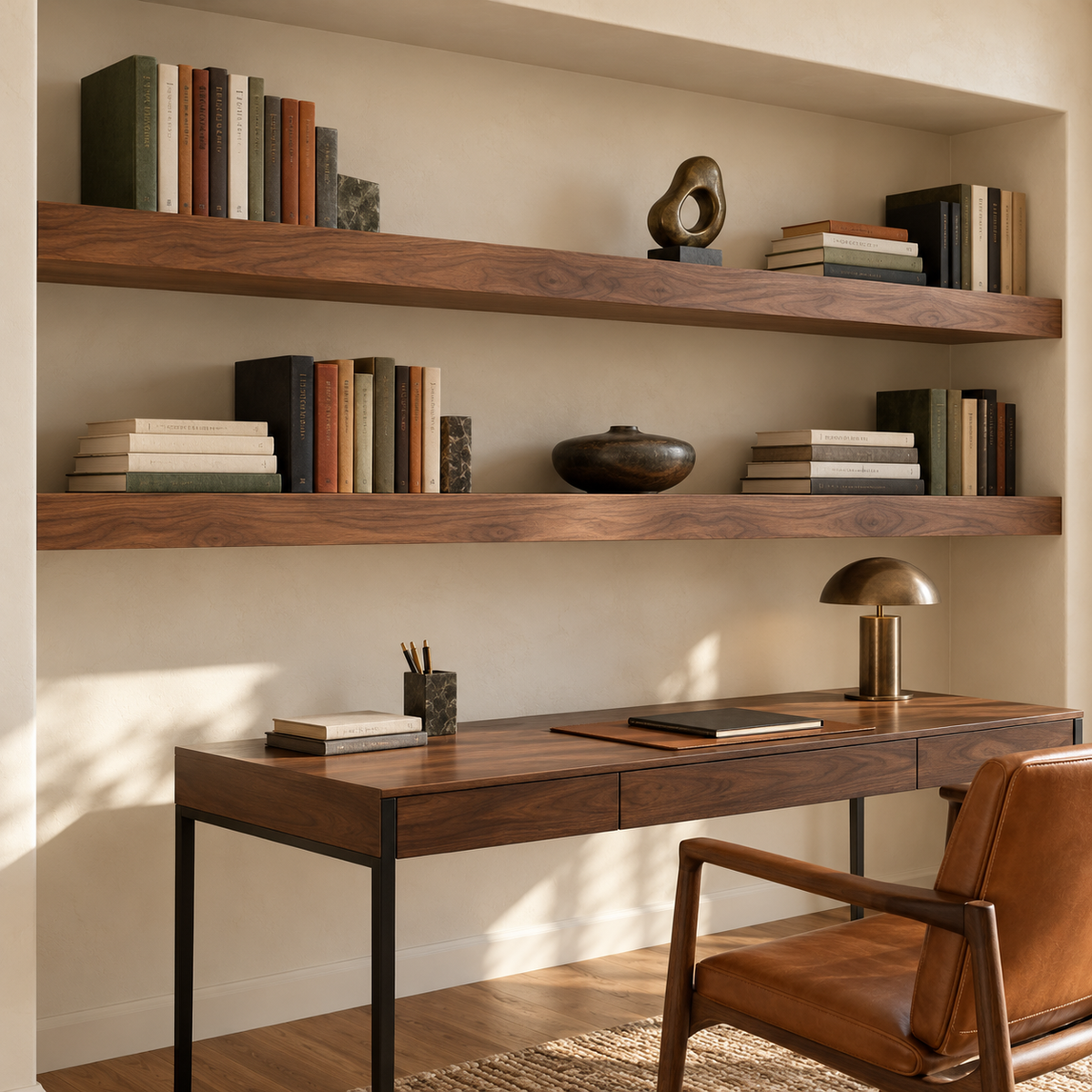 Representative walnut veneer floating shelves fitted between two walls above a desk in a home study. Product visualization; shelves sold individually.