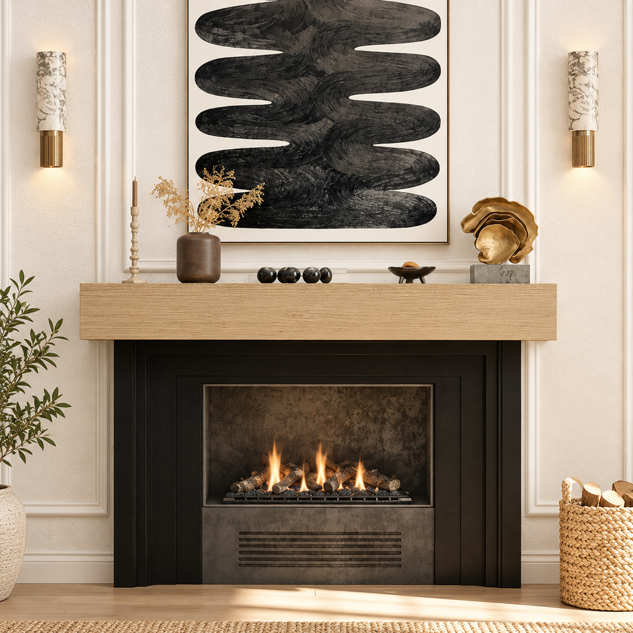 Wood Veneer Fireplace Mantel shown in Rift White Oak in a finished interior